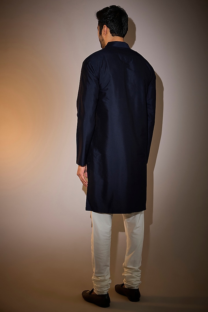 Space Blue Raw Silk Handcrafted Groom Indowestern Set by Divyam Mehta Men at Pernia's Pop Up Shop