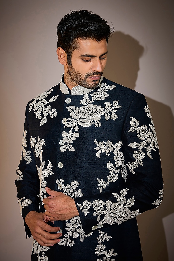 Space Blue Raw Silk Handcrafted Groom Indowestern Set by Divyam Mehta Men at Pernia's Pop Up Shop