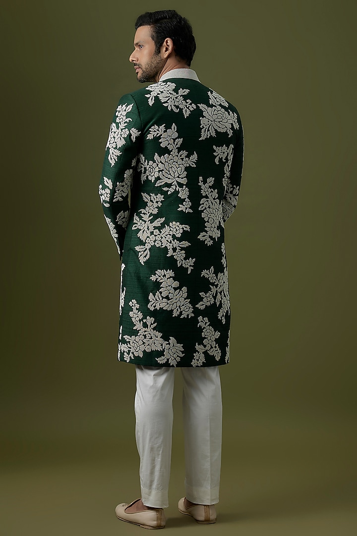 Bottle Green Raw Silk Groom Sherwani Set by Divyam Mehta Men at Pernia's Pop Up Shop