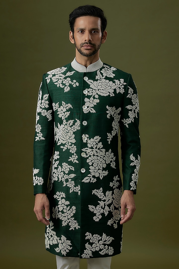 Bottle Green Raw Silk Groom Sherwani Set by Divyam Mehta Men at Pernia's Pop Up Shop