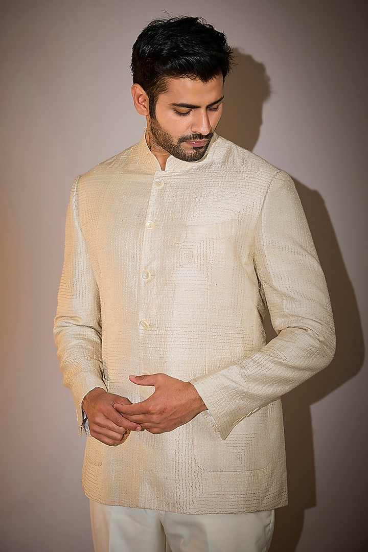Ivory Matka Silk Groom Bandhgala Set by Divyam Mehta Men at Pernia's Pop Up Shop