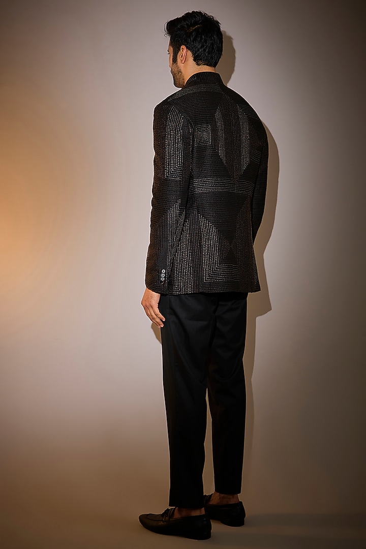 Black Matka Silk Kantha Groom Bandhgala Set by Divyam Mehta Men at Pernia's Pop Up Shop
