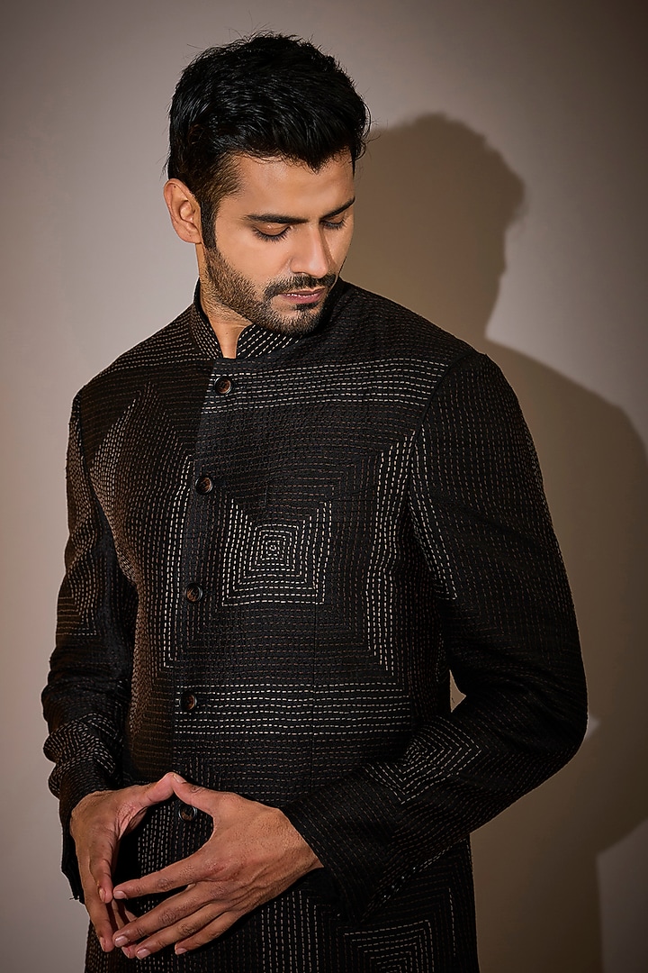 Black Matka Silk Kantha Groom Bandhgala Set by Divyam Mehta Men at Pernia's Pop Up Shop