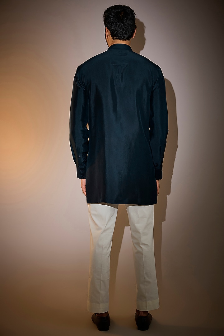 Dark Indigo Dupion Silk Embroidered Bundi Jacket Set by Divyam Mehta Men at Pernia's Pop Up Shop