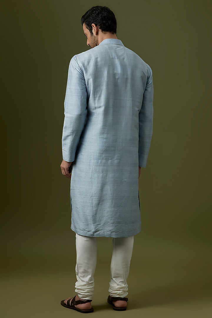 Dawn Blue Raw Silk Embroidered Kurta Set by Divyam Mehta Men at Pernia's Pop Up Shop