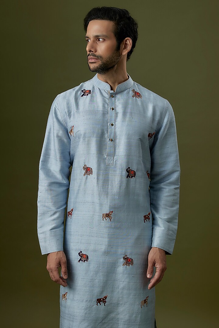 Dawn Blue Raw Silk Embroidered Kurta Set by Divyam Mehta Men at Pernia's Pop Up Shop