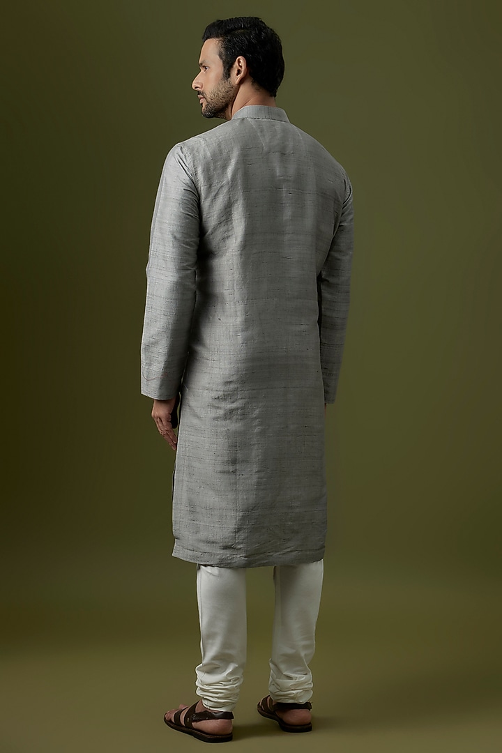 Grey Raw Silk Embroidered Kurta Set by Divyam Mehta Men at Pernia's Pop Up Shop