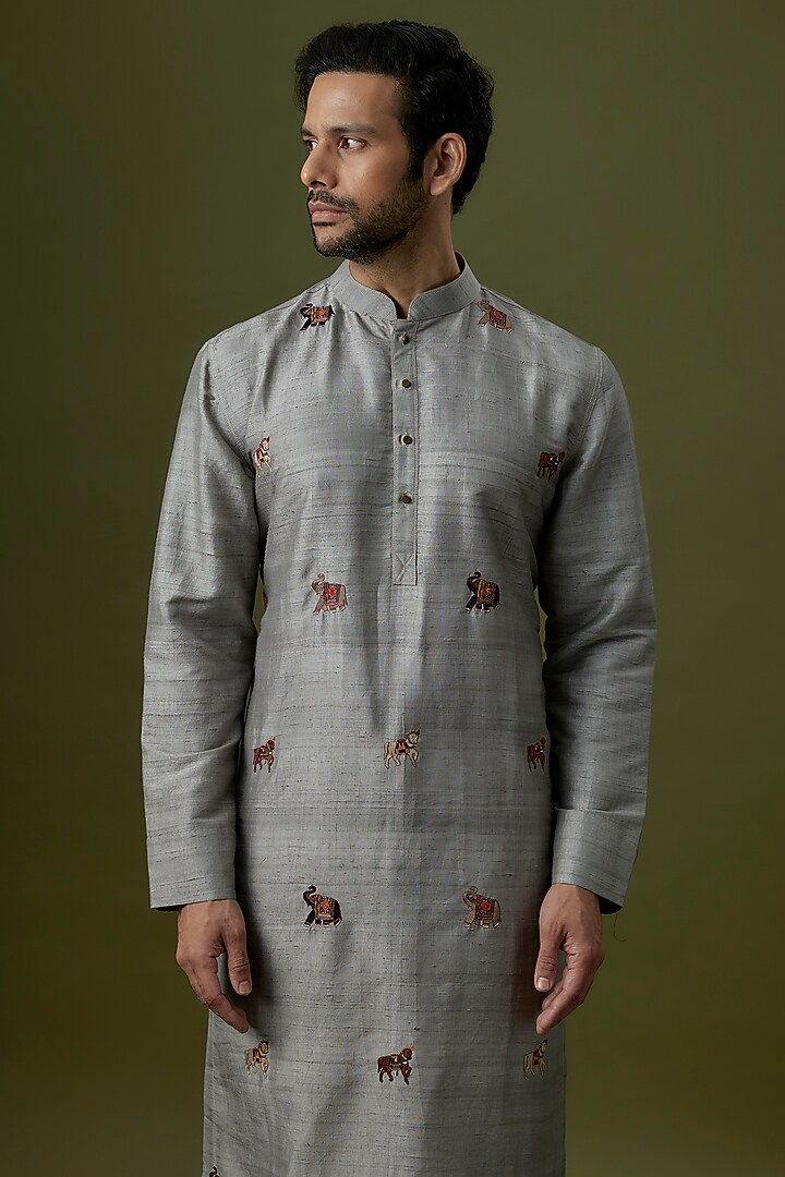 Grey Raw Silk Embroidered Kurta Set by Divyam Mehta Men at Pernia's Pop Up Shop