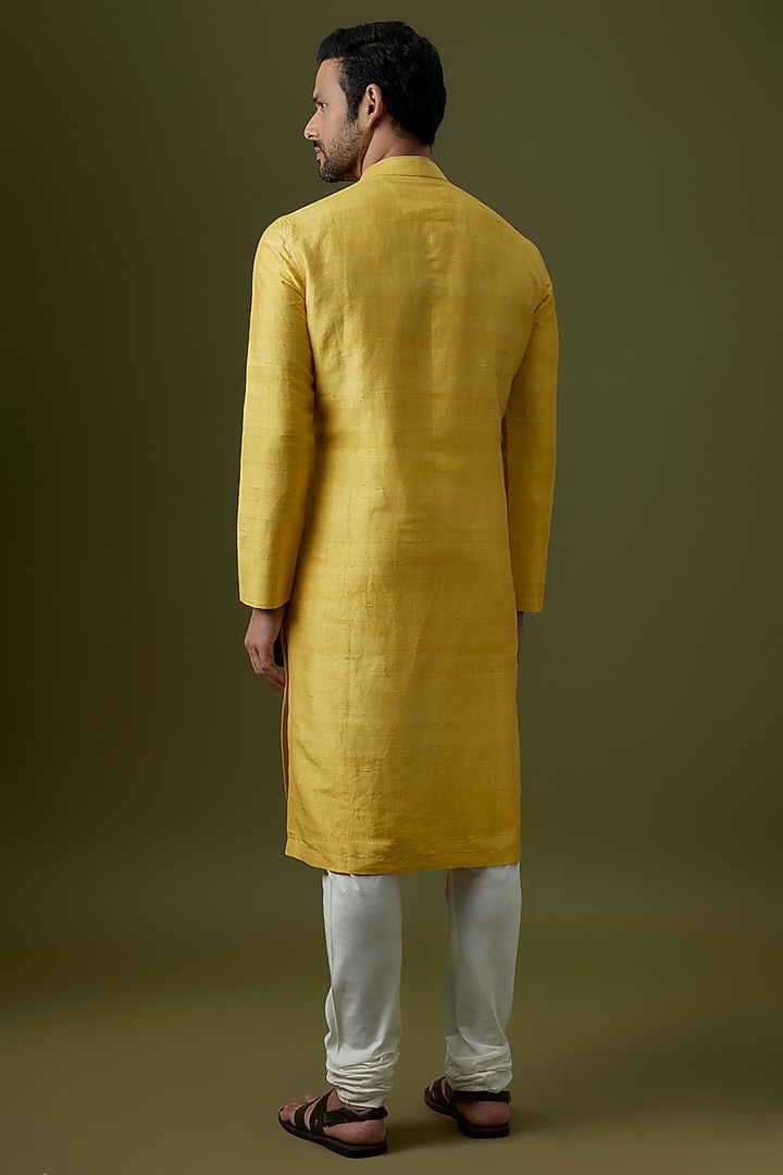 Mustard Yellow Raw Silk Embroidered Kurta Set by Divyam Mehta Men at Pernia's Pop Up Shop