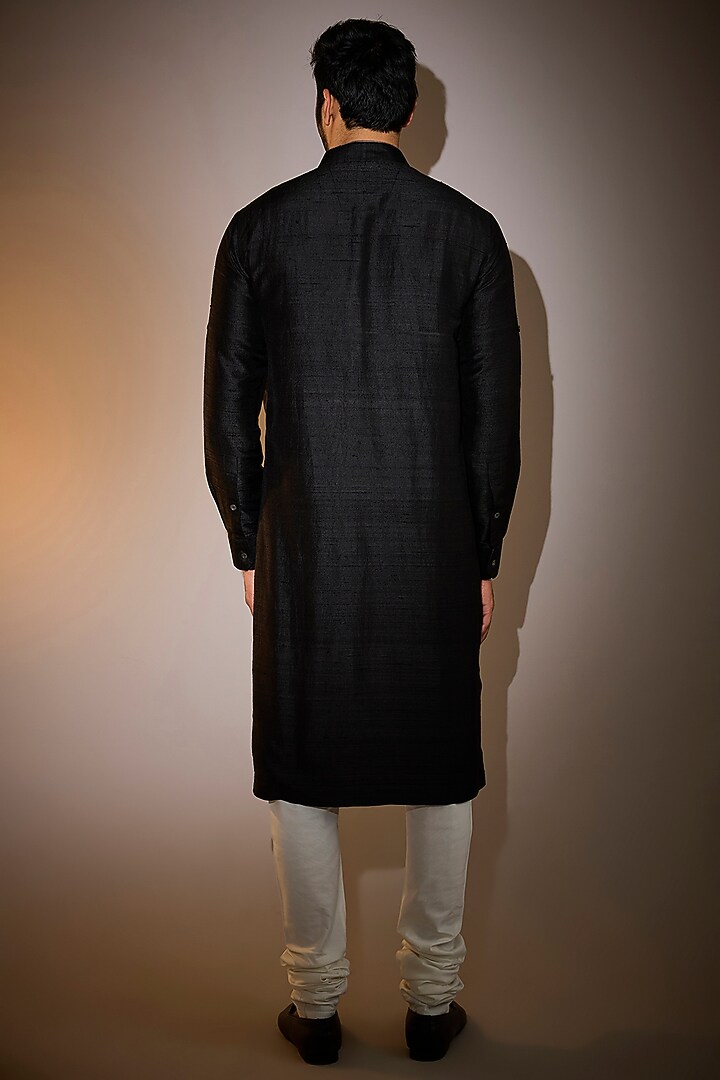 Black Raw Silk & Katan Silk Embroidered Kurta Set by Divyam Mehta Men at Pernia's Pop Up Shop
