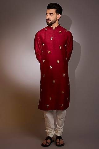 Red Raw Silk Kurta Set by Divyam Mehta Men
