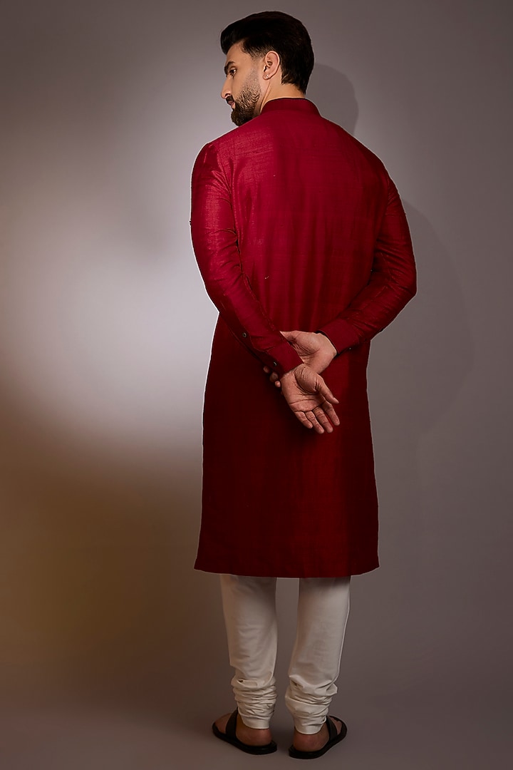 Red Raw Silk Kurta Set by Divyam Mehta Men at Pernia's Pop Up Shop