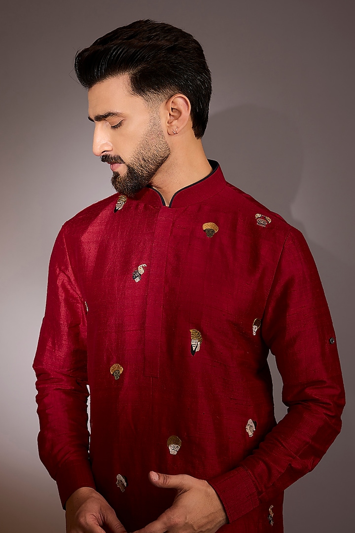 Red Raw Silk Kurta Set by Divyam Mehta Men at Pernia's Pop Up Shop
