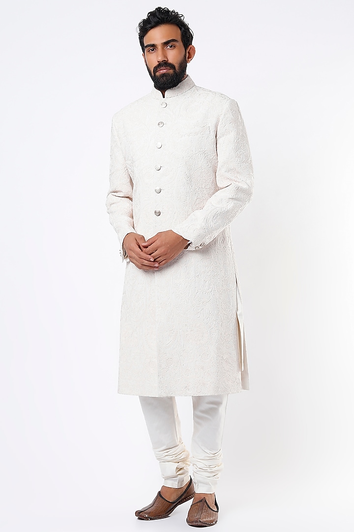 White Embroidered Achkan Set by Divyam Mehta Men