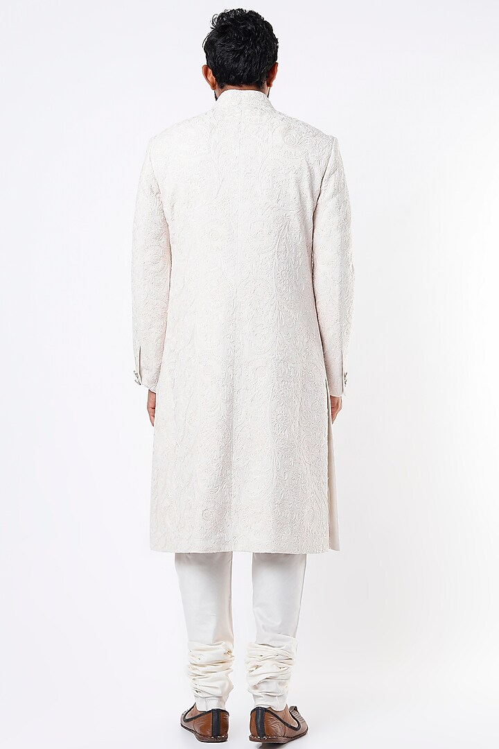 White Raw Silk Embroidered Achkan Set by Divyam Mehta Men at Pernia's Pop Up Shop