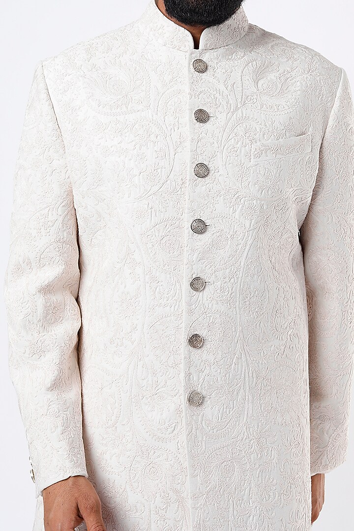 White Raw Silk Embroidered Achkan Set by Divyam Mehta Men at Pernia's Pop Up Shop