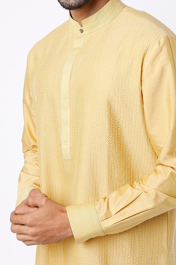 Nimbu Yellow Katan Silk Kurta Set by Divyam Mehta Men at Pernia's Pop Up Shop