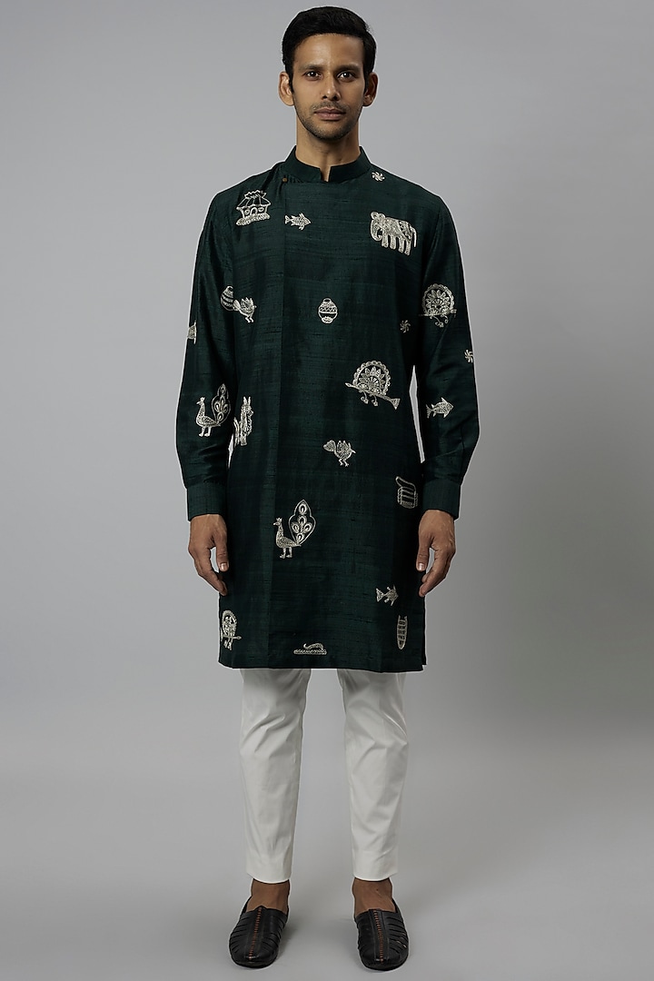 Bottle Green Raw Silk Embroidered Kurta Set by Divyam Mehta Men