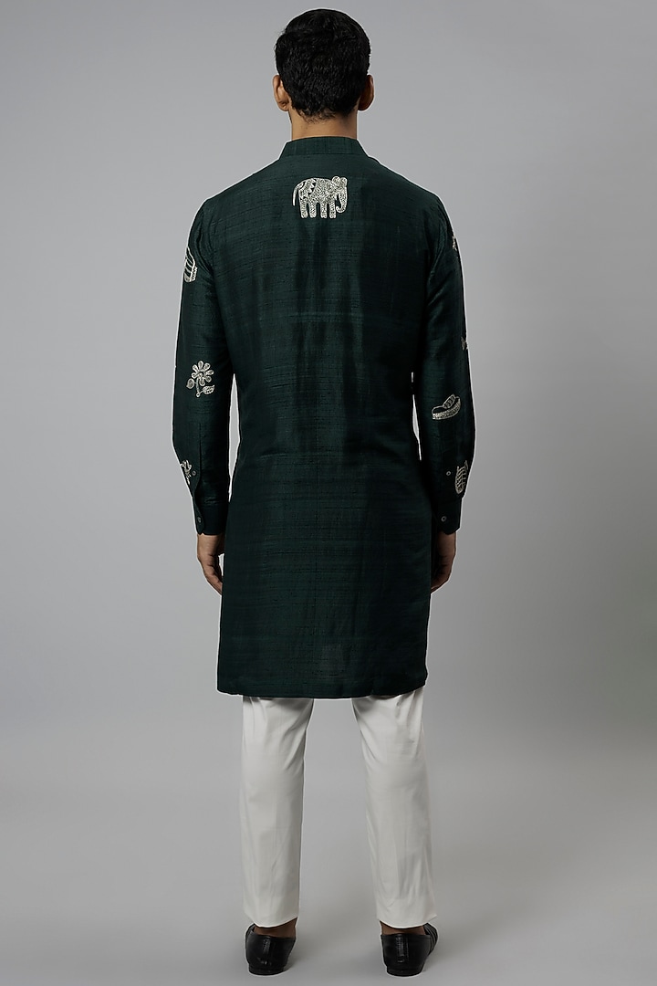 Bottle Green Raw Silk Embroidered Kurta Set by Divyam Mehta Men at Pernia's Pop Up Shop