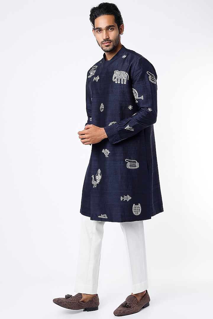 Space Blue Hand Embroidered Kurta Set by Divyam Mehta Men