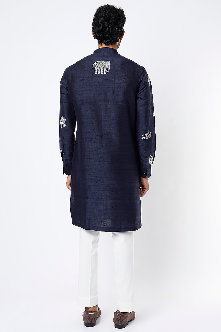Space Blue Raw Silk Hand Embroidered Dyed Kurta Set by Divyam Mehta Men at Pernia's Pop Up Shop