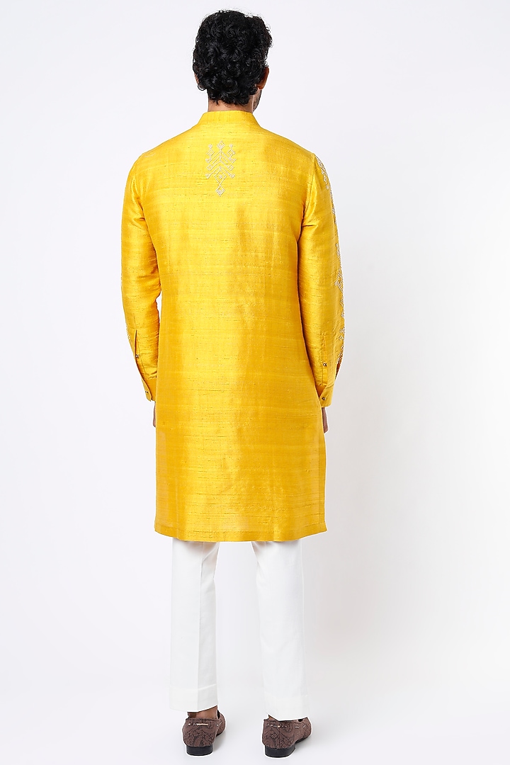 Haldi Yellow Raw Silk Motif Hand Embroidered Kurta Set by Divyam Mehta Men at Pernia's Pop Up Shop