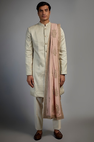 Pink Matka Silk Embroidered Dupatta by Divyam Mehta Men