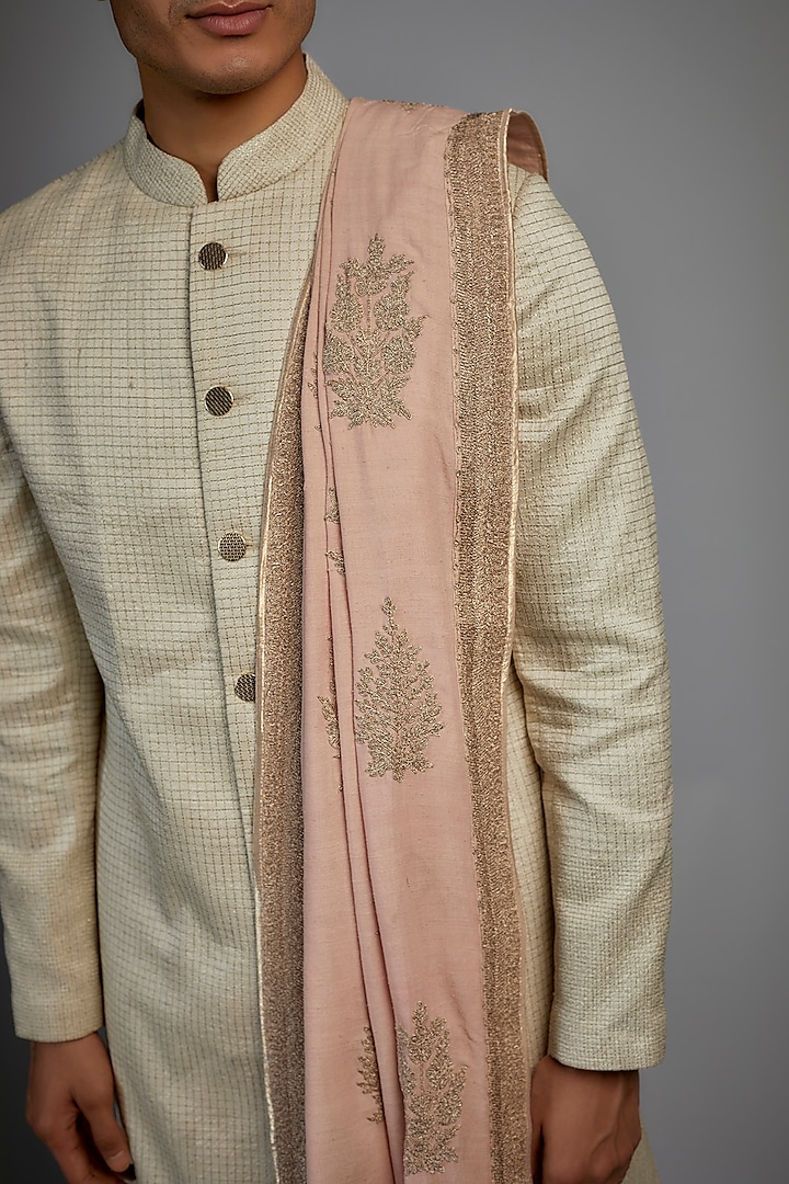 Pink Matka Silk Embroidered Dupatta by Divyam Mehta Men