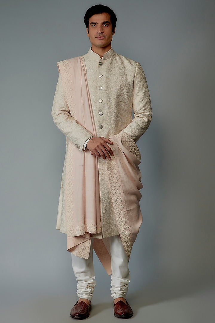 Blush Pink Matka Silk Embroidered Dupatta by Divyam Mehta Men