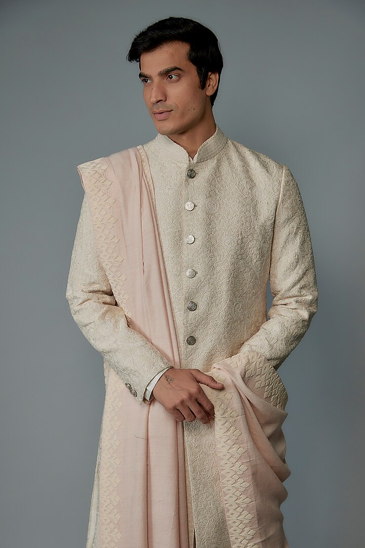 Blush Pink Matka Silk Embroidered Dupatta by Divyam Mehta Men at Pernia's Pop Up Shop