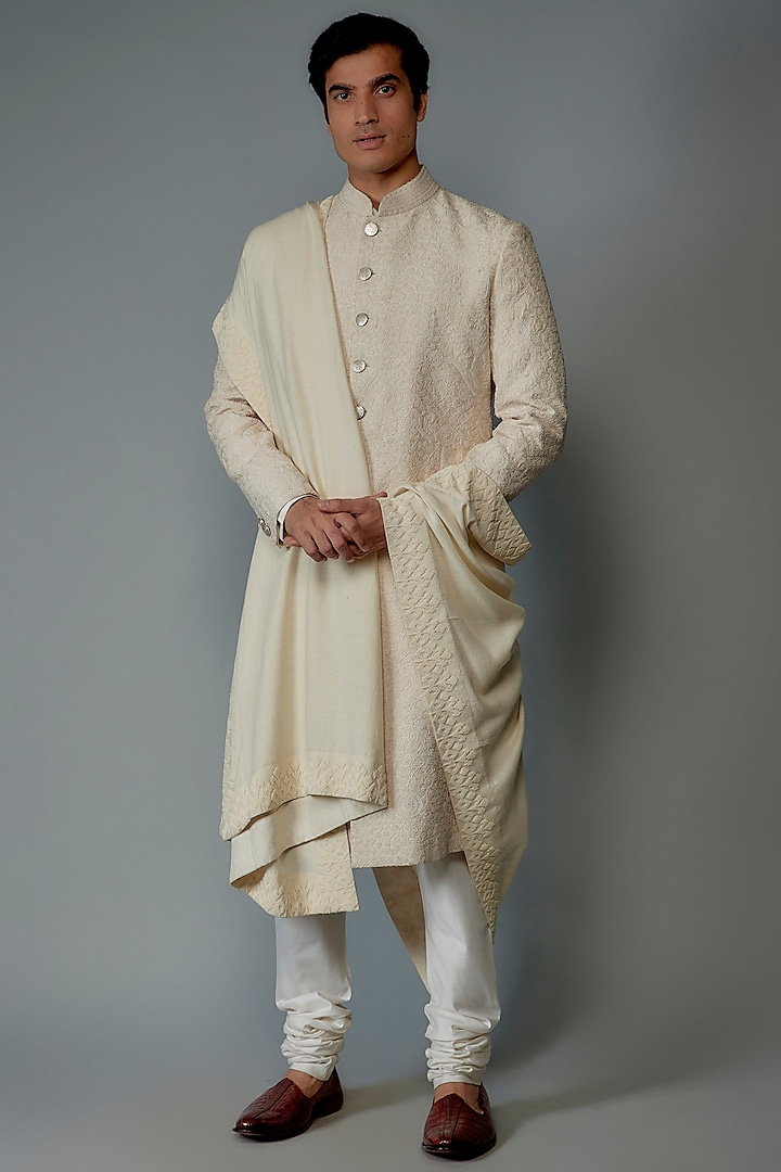 Ivory Matka Silk Embroidered Dupatta by Divyam Mehta Men