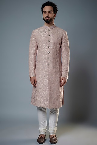 Pink Raw Silk Cross-Stitch Embroidered Achkan Sherwani Set by Divyam Mehta Men