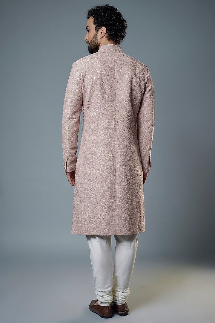Pink Raw Silk Cross-Stitch Embroidered Achkan Groom Sherwani Set by Divyam Mehta Men at Pernia's Pop Up Shop