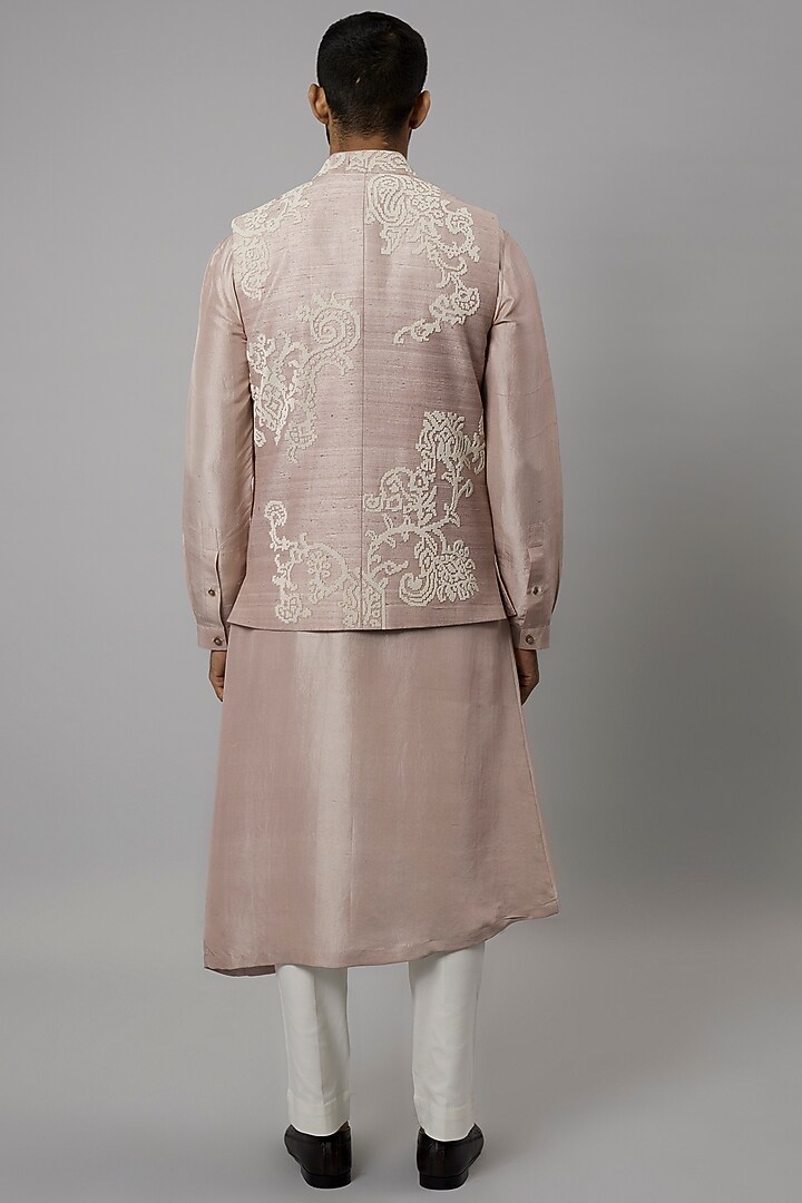 Pink Raw Silk & Dupion Silk Embroidered Bundi Jacket Set by Divyam Mehta Men at Pernia's Pop Up Shop