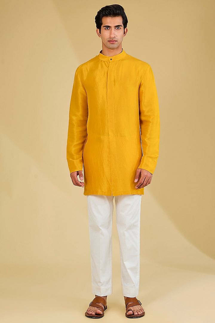 Haldi Yellow Raw Silk Kurta Set by Divyam Mehta Men