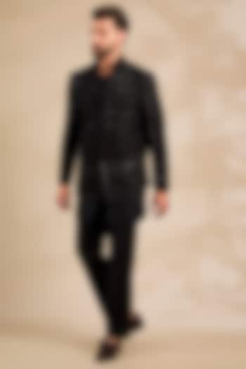 Black Silk Embroidered Groom Indowestern Set by Divyam Mehta Men at Pernia's Pop Up Shop
