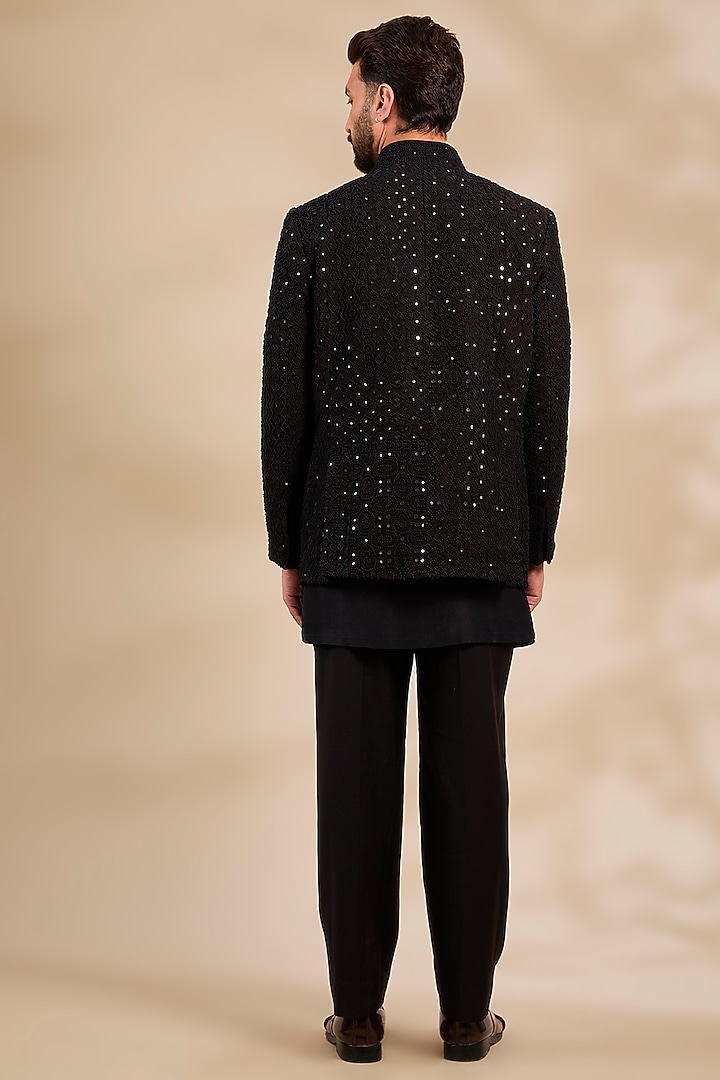 Black Silk Embroidered Groom Indowestern Set by Divyam Mehta Men at Pernia's Pop Up Shop