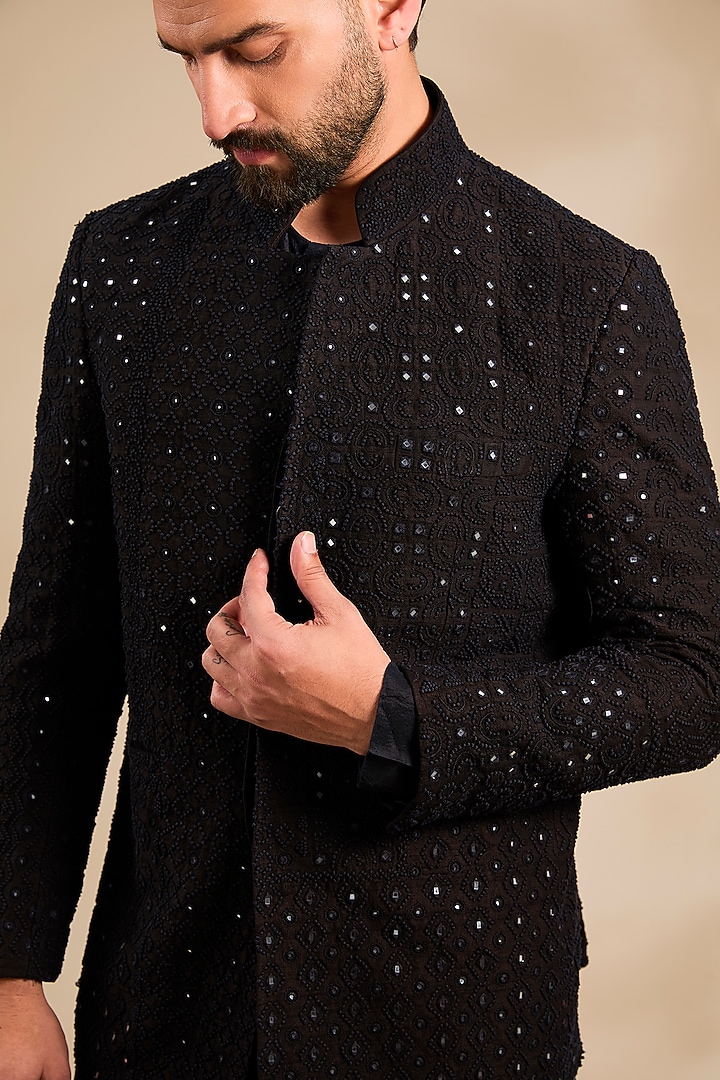 Black Silk Embroidered Groom Indowestern Set by Divyam Mehta Men at Pernia's Pop Up Shop