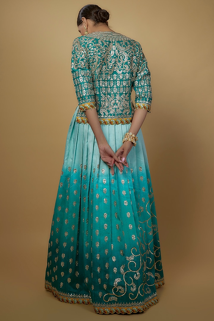 Firozi Ombre Raw Silk Embellished & Printed Bridal Lehenga Set by Daamann by Mohit Falod at Pernia's Pop Up Shop