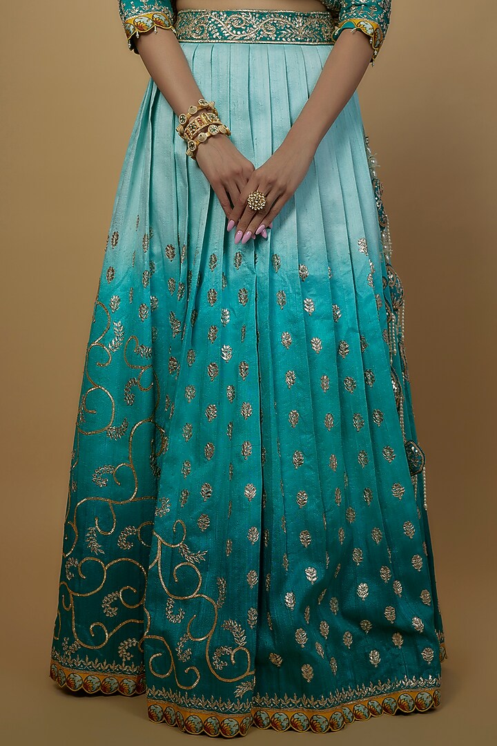 Firozi Ombre Raw Silk Embellished & Printed Bridal Lehenga Set by Daamann by Mohit Falod at Pernia's Pop Up Shop