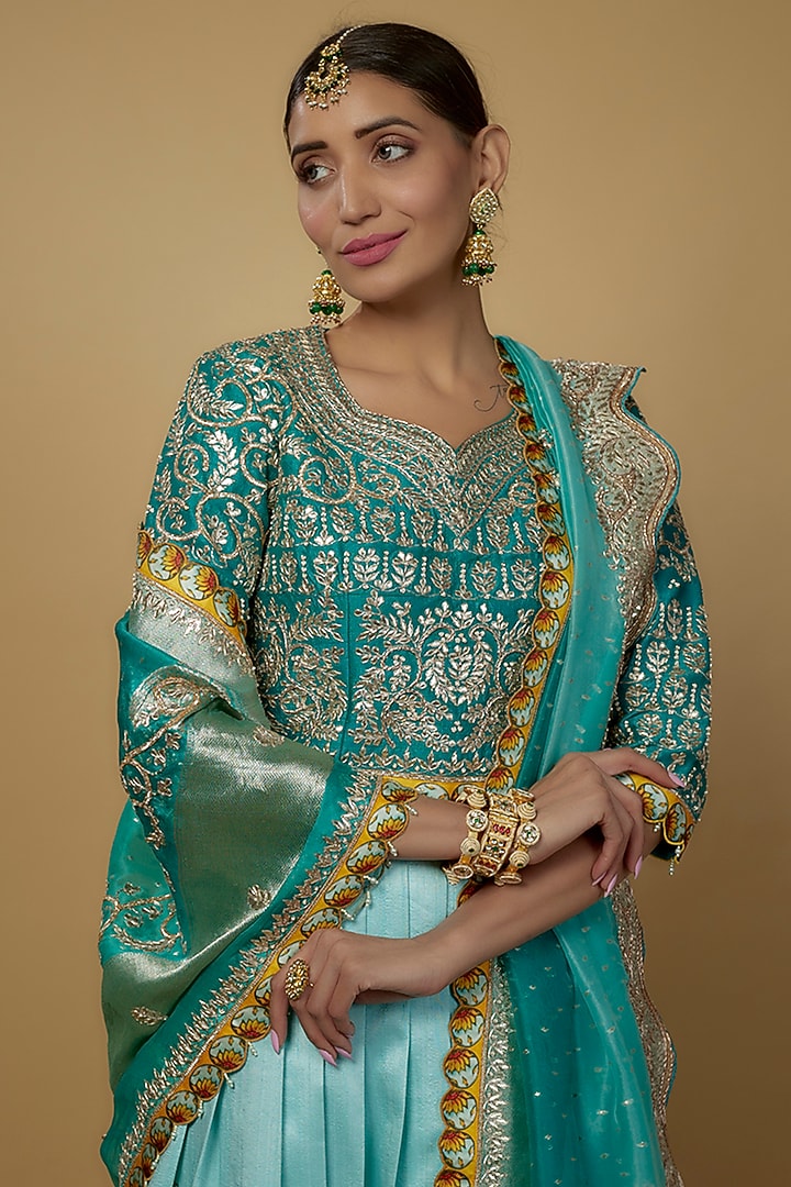 Firozi Ombre Raw Silk Embellished & Printed Bridal Lehenga Set by Daamann by Mohit Falod at Pernia's Pop Up Shop
