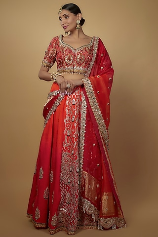 Red & Orange Ombre Kimkhab Silk Embellished Lehenga Set by Daamann by Mohit Falod