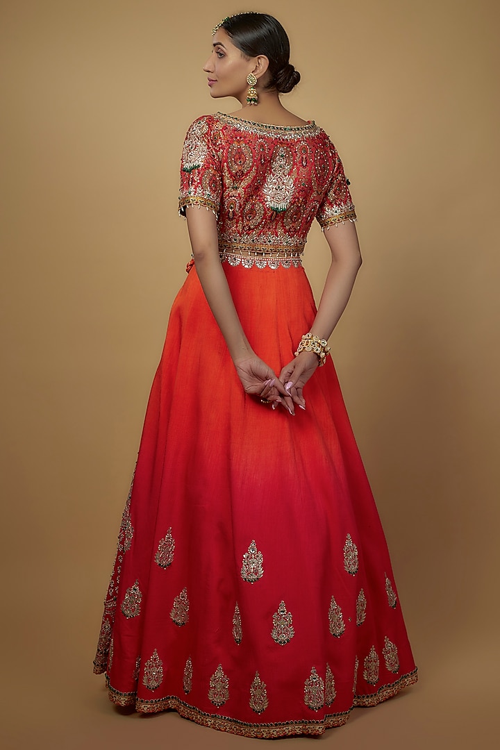 Red & Orange Ombre Kimkhab Silk Embellished Bridal Lehenga Set by Daamann by Mohit Falod at Pernia's Pop Up Shop