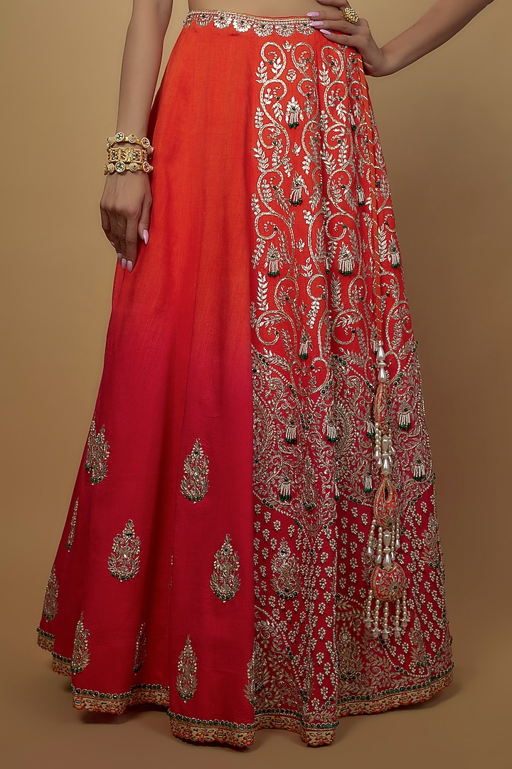 Red & Orange Ombre Kimkhab Silk Embellished Bridal Lehenga Set by Daamann by Mohit Falod at Pernia's Pop Up Shop