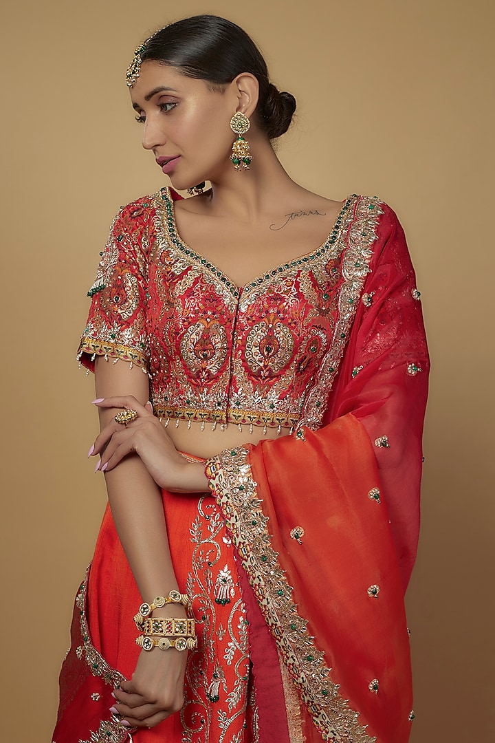 Red & Orange Ombre Kimkhab Silk Embellished Bridal Lehenga Set by Daamann by Mohit Falod at Pernia's Pop Up Shop