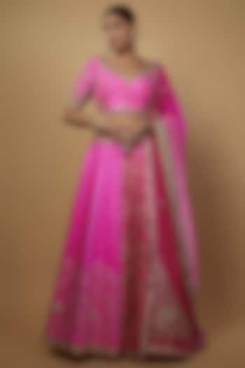 Pink & Rani Pink Ombre Raw Silk Embellished Lehenga Set by Daamann by Mohit Falod