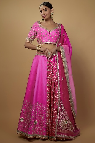 Pink & Rani Pink Ombre Raw Silk Embellished Lehenga Set by Daamann by Mohit Falod