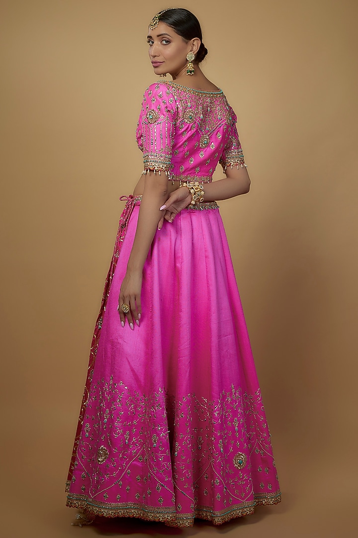 Pink & Rani Pink Ombre Raw Silk Embellished Bridal Lehenga Set by Daamann by Mohit Falod at Pernia's Pop Up Shop