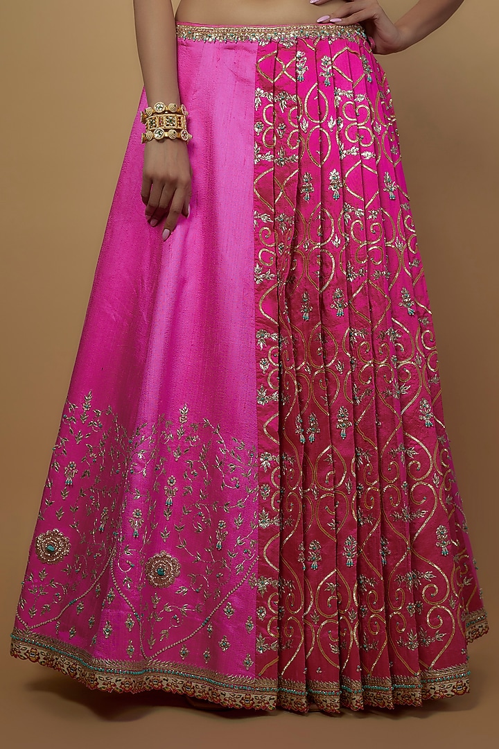 Pink & Rani Pink Ombre Raw Silk Embellished Bridal Lehenga Set by Daamann by Mohit Falod at Pernia's Pop Up Shop