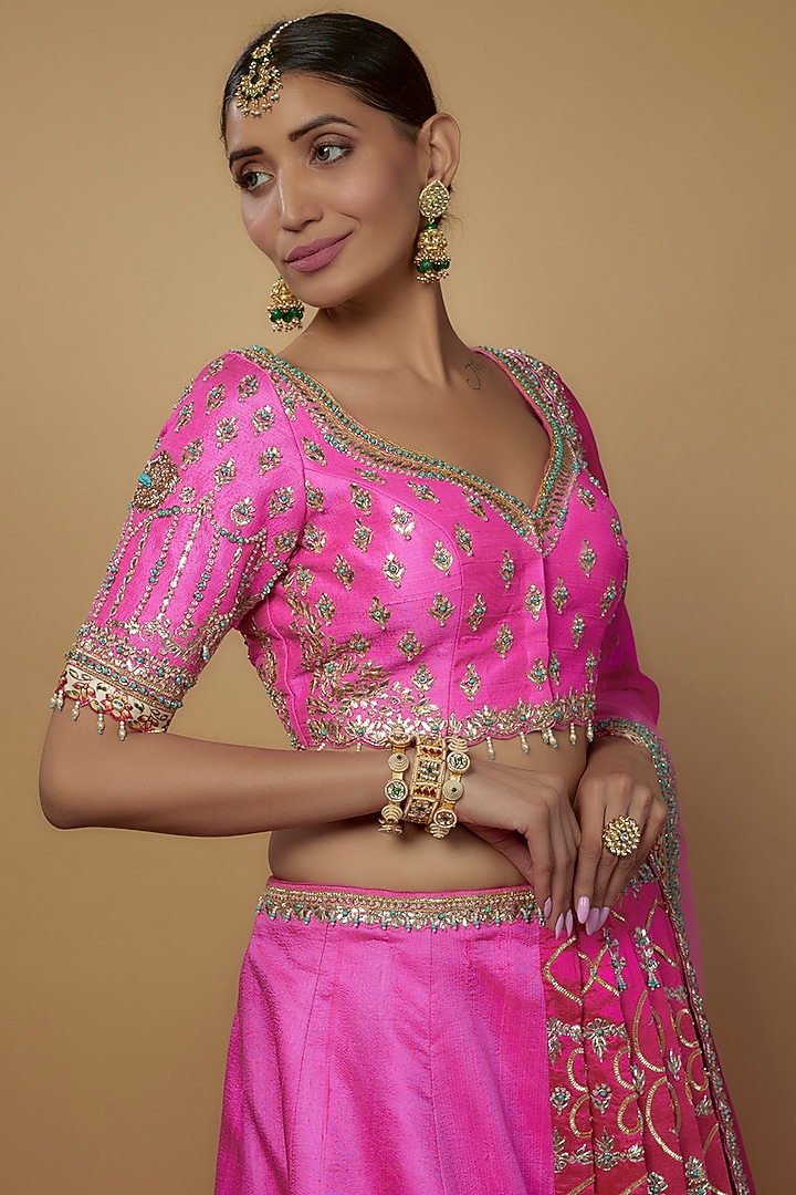 Pink & Rani Pink Ombre Raw Silk Embellished Bridal Lehenga Set by Daamann by Mohit Falod at Pernia's Pop Up Shop